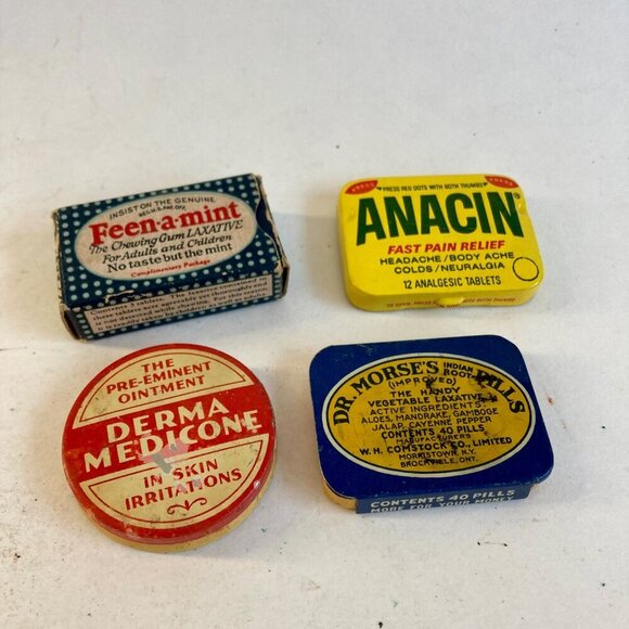 Lot 4 Vintage Medicine Tins Dr. Morse's Indian Root Pills Feen-a-mint Laxative - Picture 1 of 9